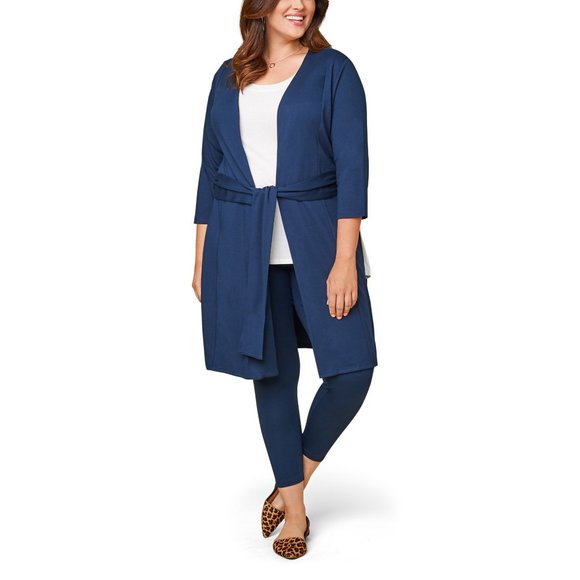 Seek No Further Plus Size- 3X Ponte Open Front Long Cardigan-Navy Nights - Picture 1 of 7